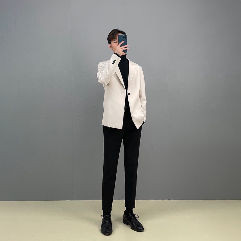 Áo Khoác Blazer Nam dáng Hàn Quốc form rộng dài tay , áo vest nam trẻ trung thời trang màu đen , màu trắng kem , màu ghi