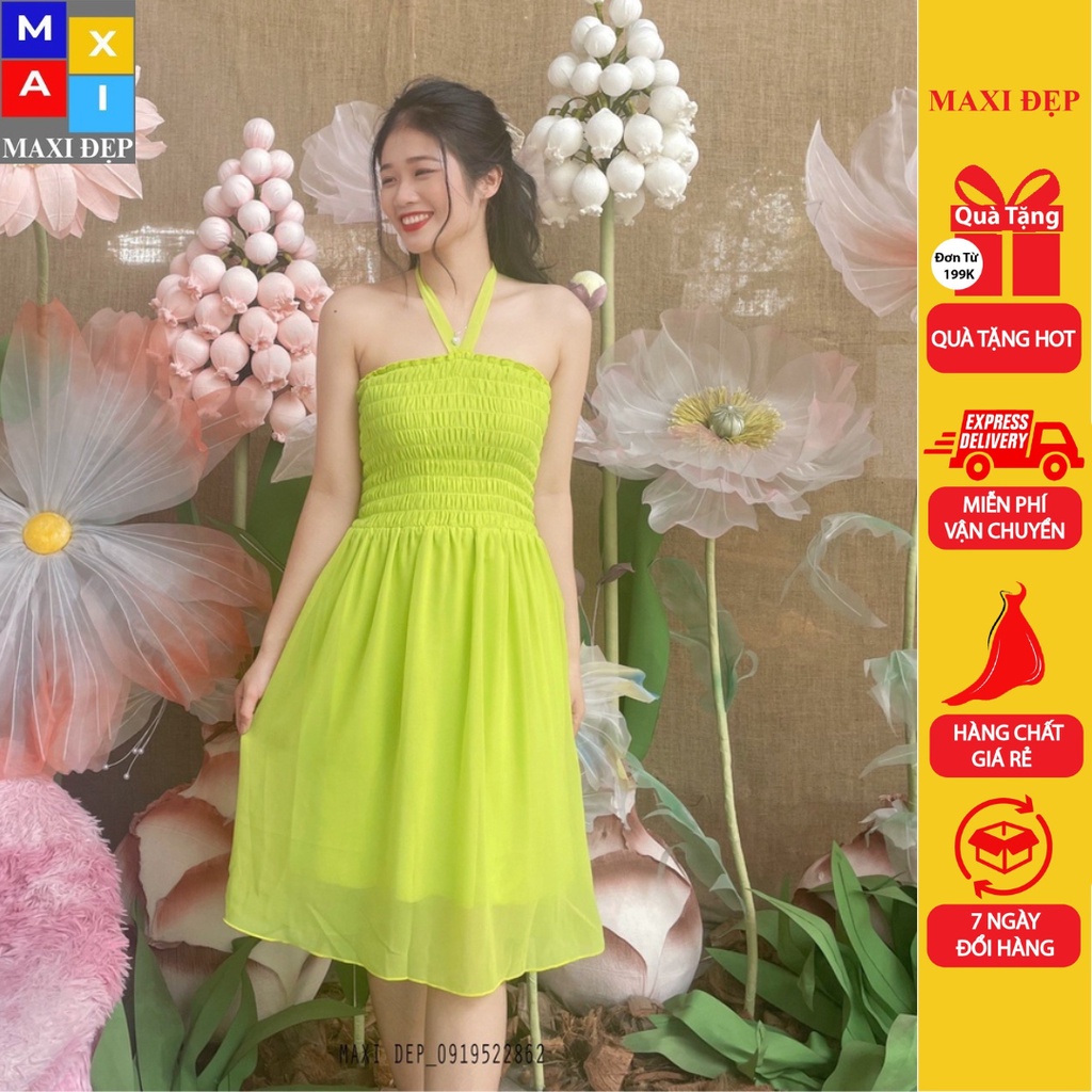 Đầm Maxi Cúp Ngực Dáng Ngắn - Dây Nơ Cổ Màu Xanh Chuối Nổi Bật Gợi Cảm