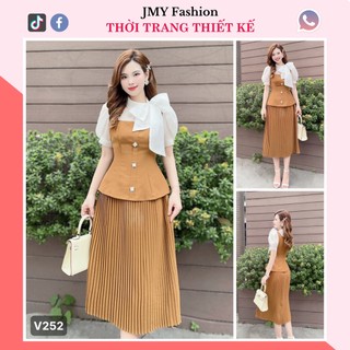 V252 Váy nâu tây phối cổ voan nơ trắng [Hà Thanh] váy nâu dập ly dáng dài nữ tính