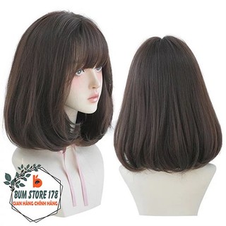 Tóc giả nữ nguyên đầu ngắn chất tóc mềm mịn không khô sơ, Tóc giả ngắn ngang vai có thể uốn duỗi chịu được nhiệt cao