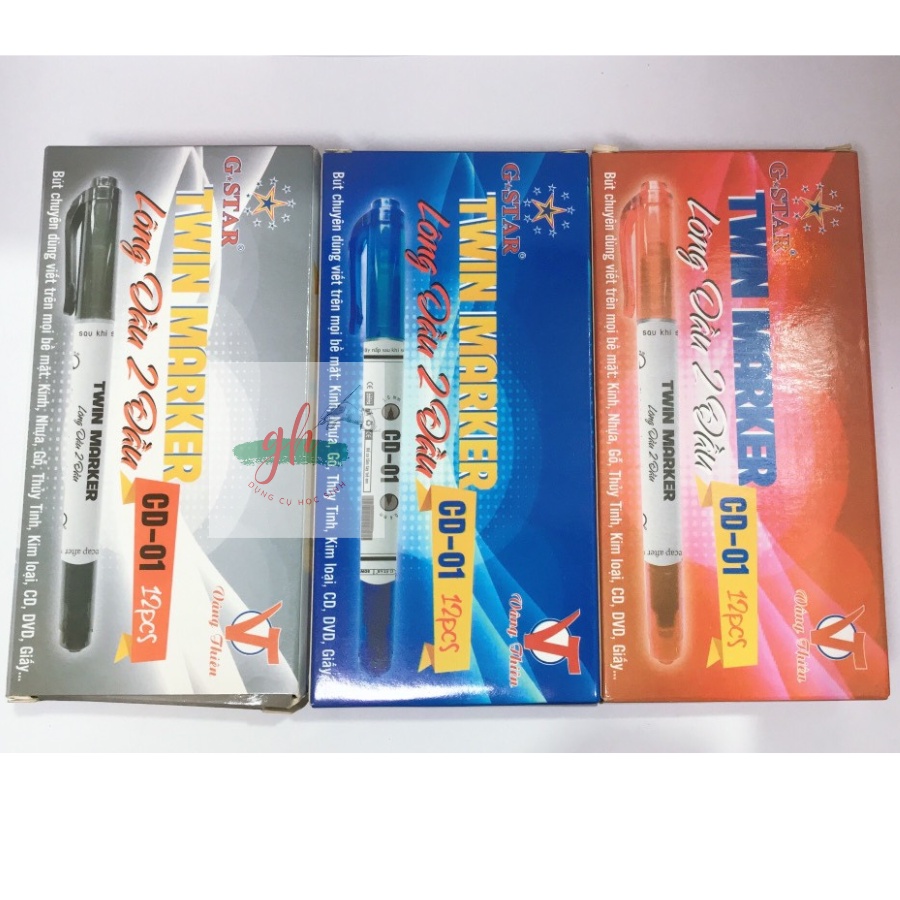 Hộp 12 cây bút lông dầu 2 đầu chất lượng tốt GSTAR CD-01 màu mực đậm, tươi sáng