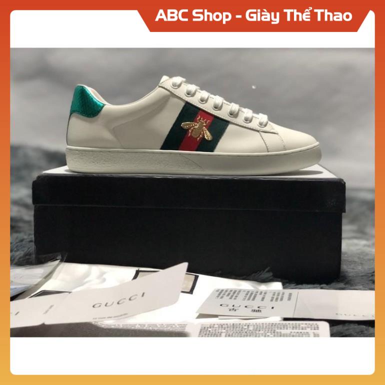 Giày thể thao Gucci nam nữ cao cấp, Giày sneaker GC 3v ong thêu trắng trơn gót xanh đỏ hàng SC Full phụ kiện ABC Shop