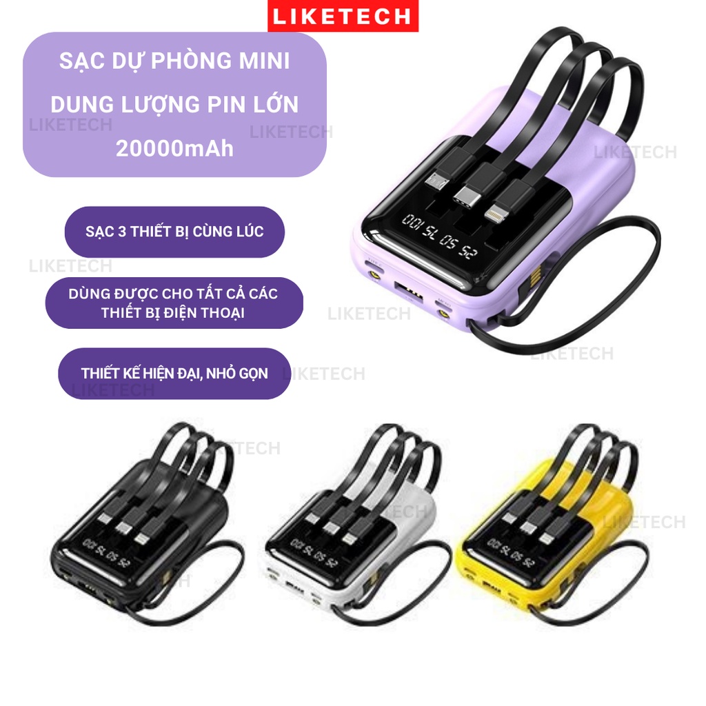 Sạc dự phòng dung lượng lớn 20000mAh mini, tích hợp 4 đầu sạc, kèm đèn pin chiếu sáng, nhỏ gọn tiên lợi