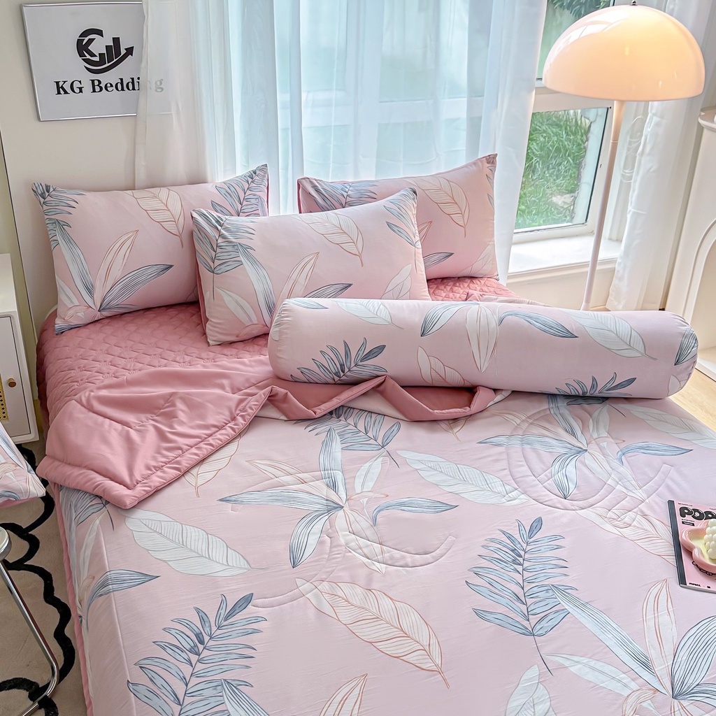 Bộ chăn ga gối 5 món: chăn chần, ga giường chần bông, 2 vỏ gối, 1 vỏ ôm chất liệu cotton đũi Maibedding