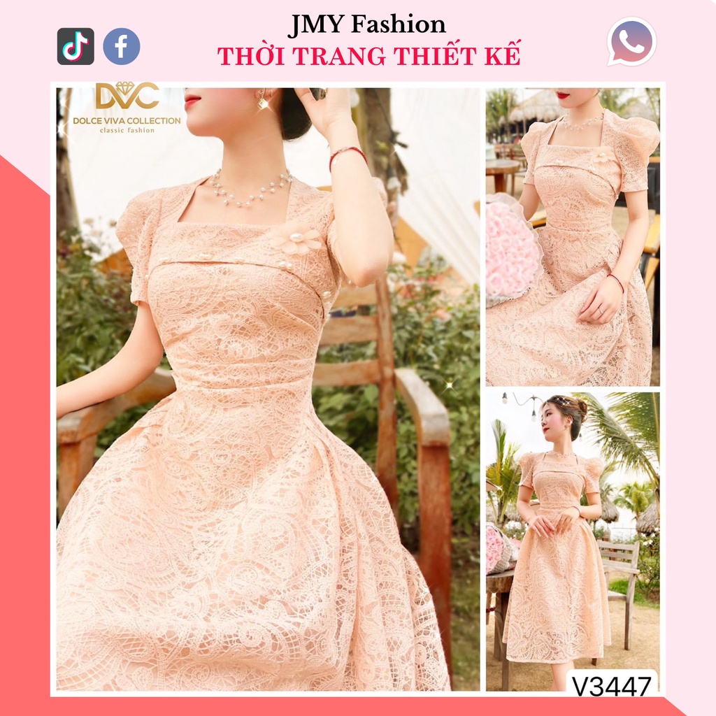 váy đầm ren hồng be nữ tính