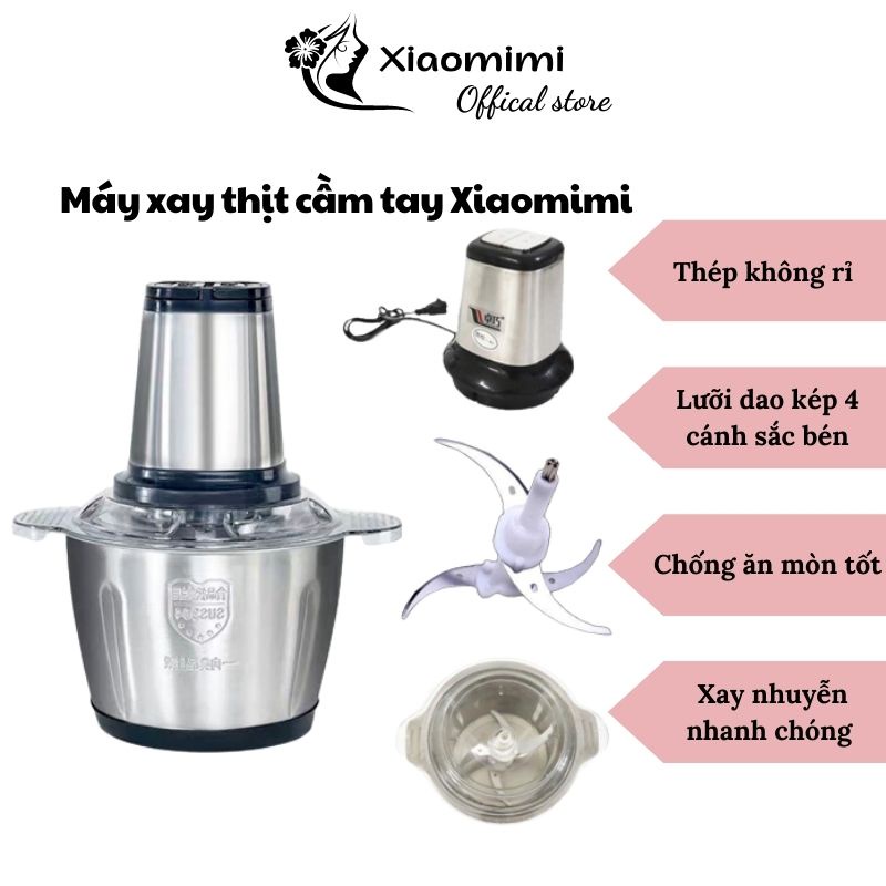 Máy xay thịt cầm tay đa năng gia đình cối inox 4 lưỡi công suất 250W XIAOMIMI 7778865231