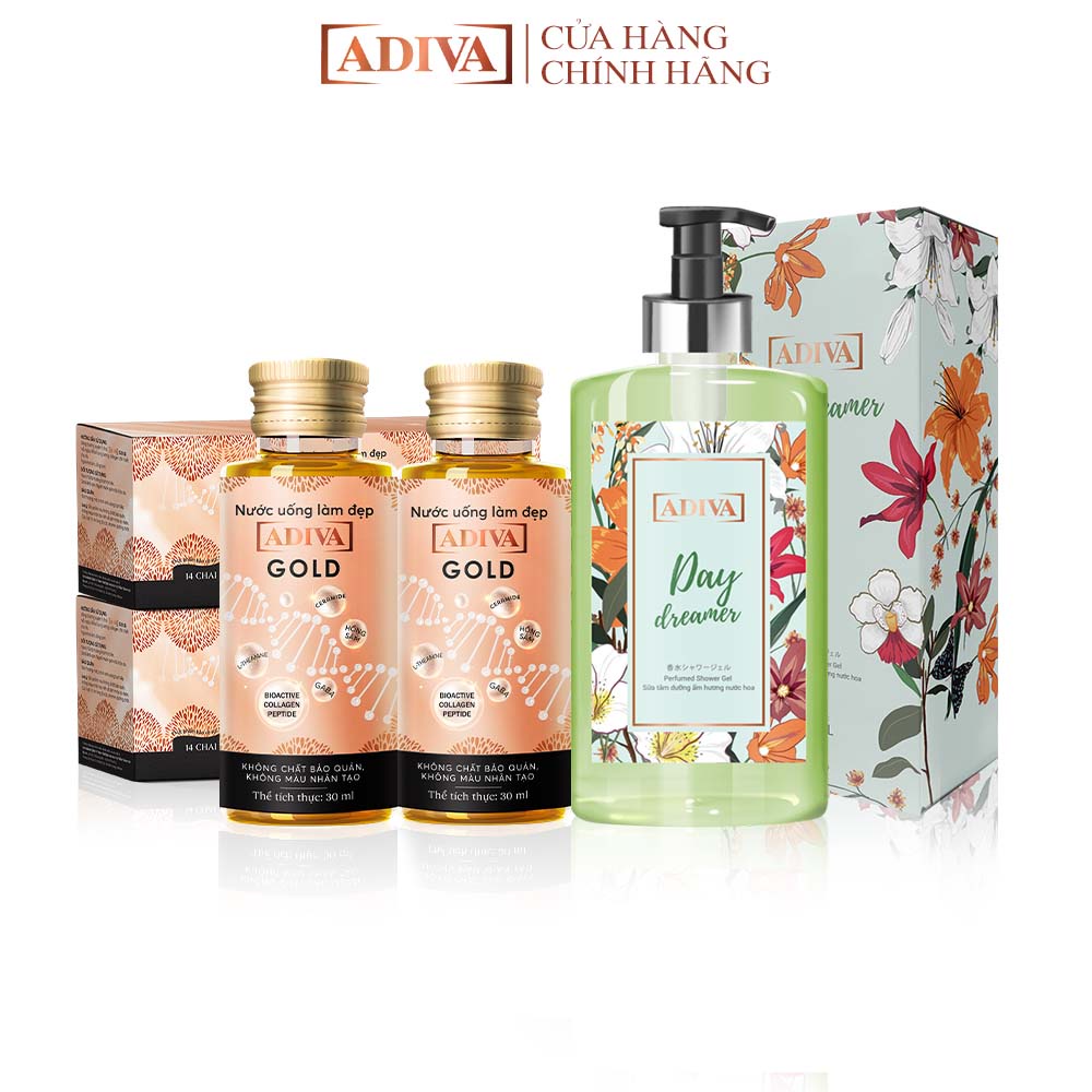 Combo 2 Hộp Nước Uống Làm Đẹp Collagen ADIVA Gold (14 Chai/Hộp) Tặng 1 Sữa Tắm ADIVA Day Dreamer 400ml