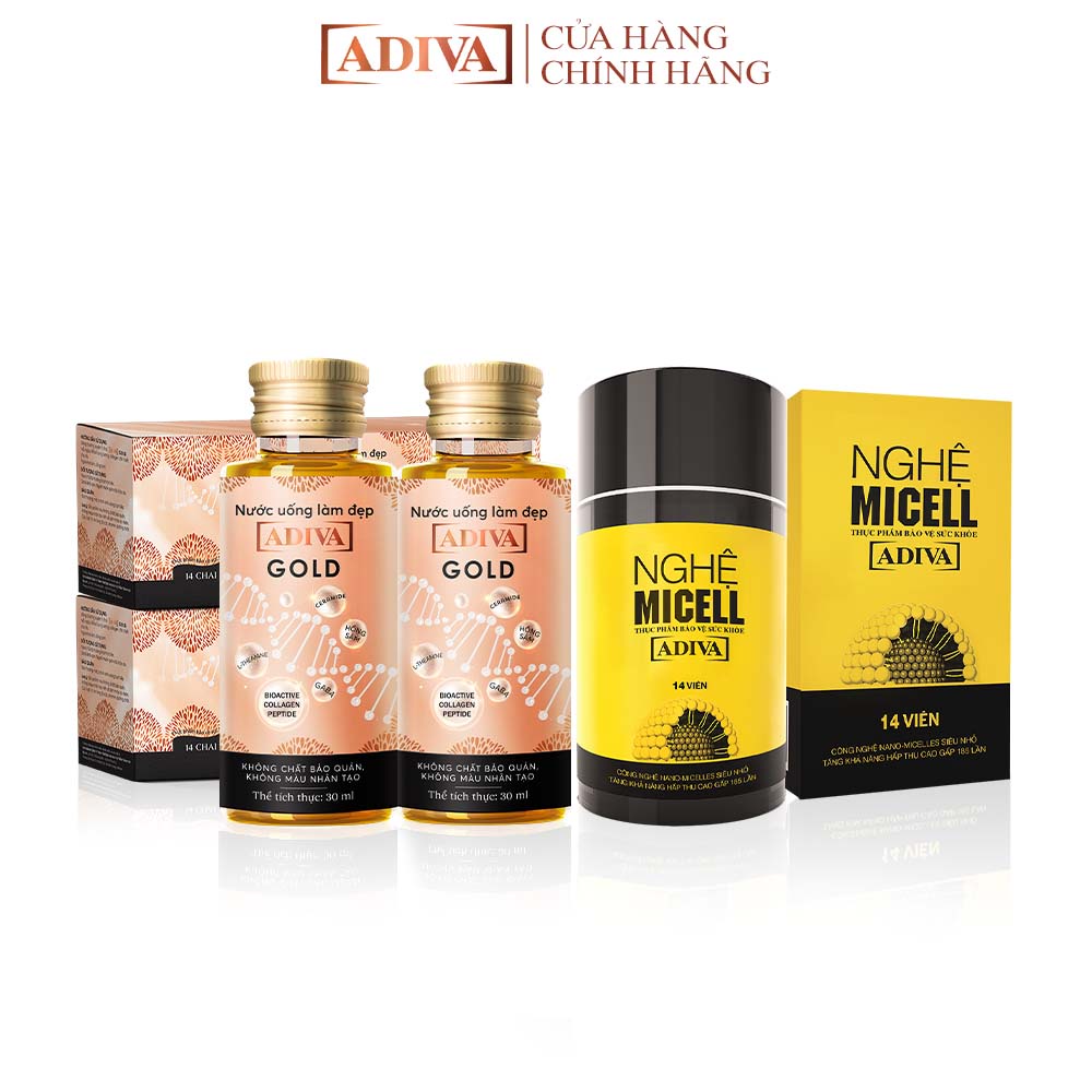 Combo 2 Hộp Nước Uống Làm Đẹp Collagen ADIVA Gold (14 Chai/Hộp) Tặng 1 Hộp Nghệ Micell ADIVA 14 Viên