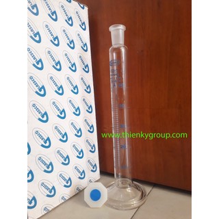 Ống đong thủy tinh 50ml, cổ mài, nút nhựa Glassco