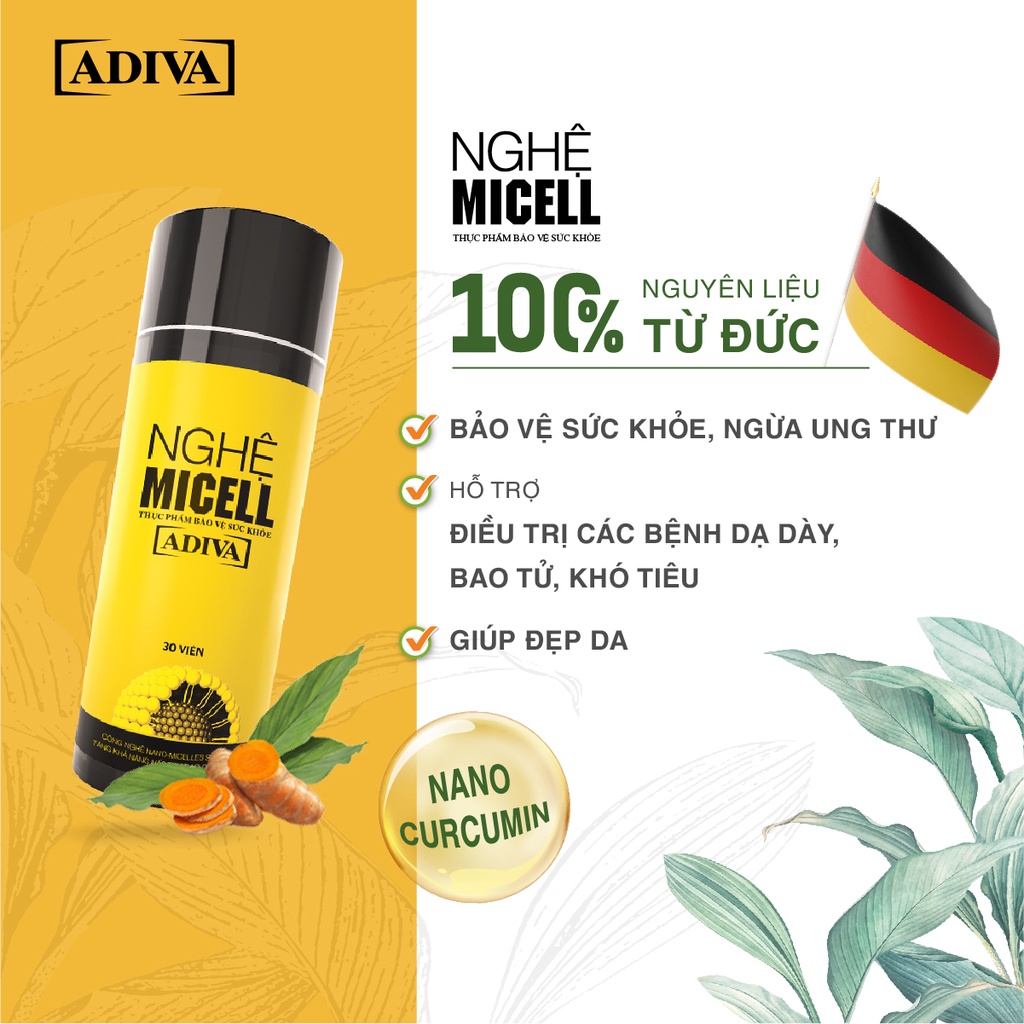 Combo 2 Hộp Nghệ Micell Adiva 30 Viên- Hỗ Trợ Các Vấn Đề Về Đau Bao Tử, Dạ Dày