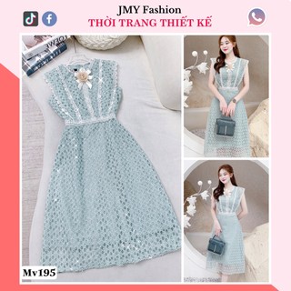 V195 Váy ren xanh dáng A midi tiểu thư [Hà Thanh&Rency] tặng kèm hoa cài