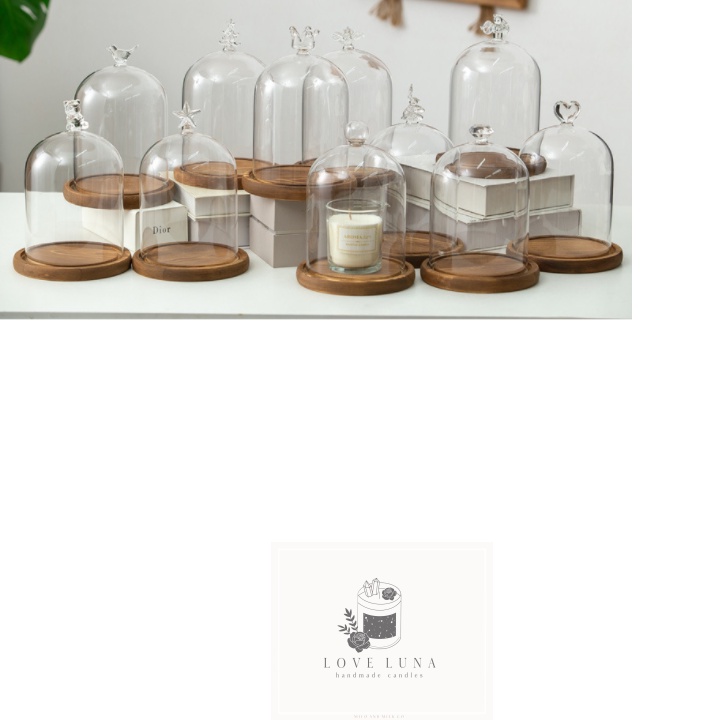 (Luna Candle) Nến thơm Chụp thủy tinh đế gỗ chống bụi, trang trí trái tim, chim, thỏ, noel - đậy nến thơm Candle Cup, BB