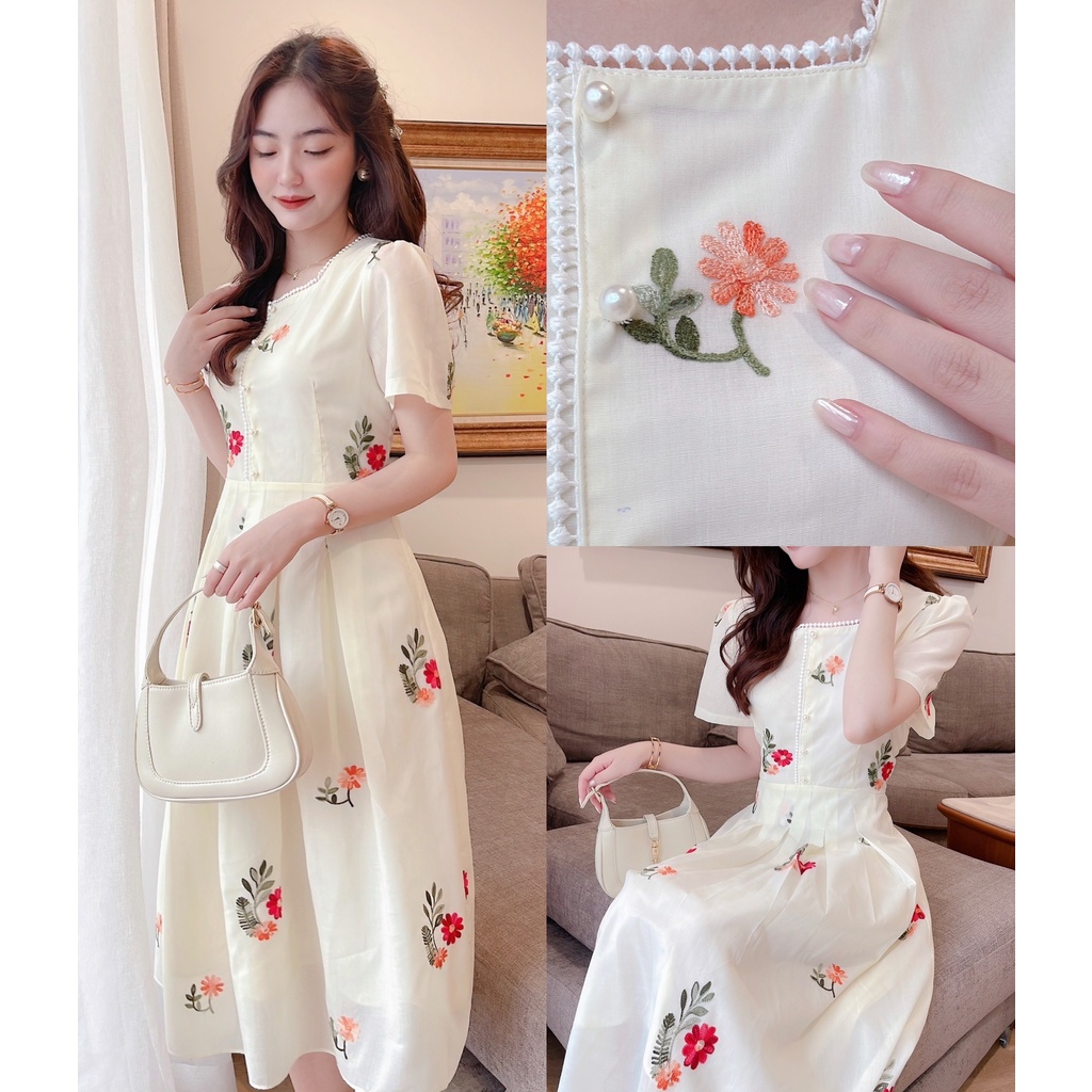 VÁY THÊU HOA PHA REN CỔ VUÔNG
