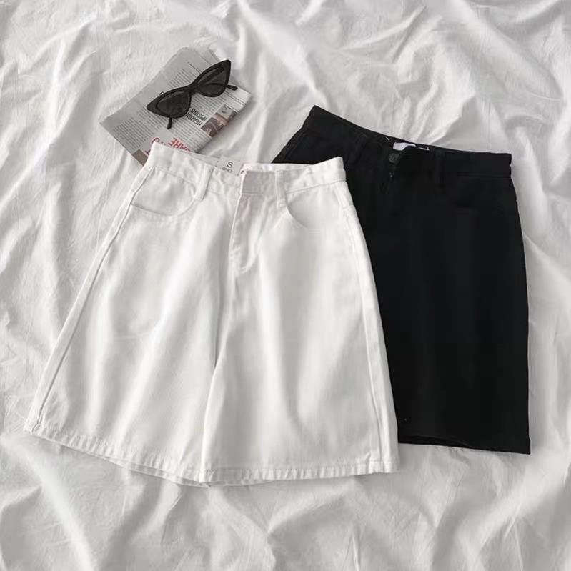 free ship Quần short jean ống rộng cạp cao đen trắng CC | BigBuy360 - bigbuy360.vn