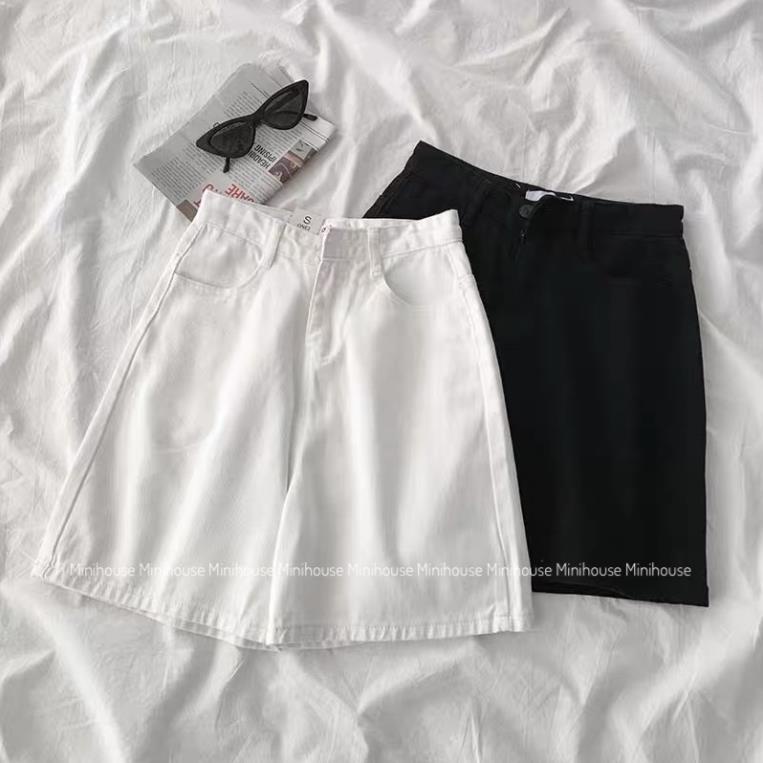 free ship Quần short jean ống rộng cạp cao đen trắng CC | BigBuy360 - bigbuy360.vn