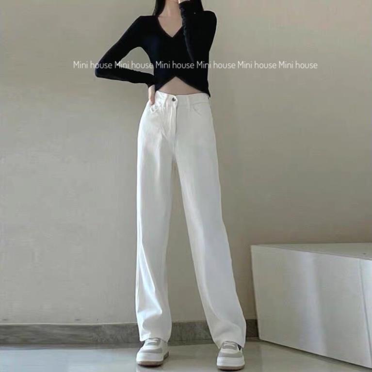 free ship Quần jean suông ống rộng cạp cao nữ màu trắng CC