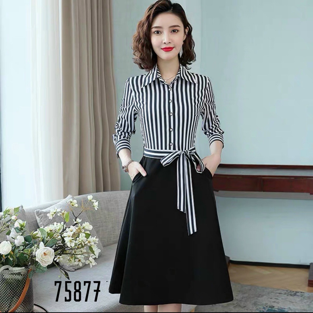 Đầm xòe thun Umi công sở phối sọc thắt nơ eo
