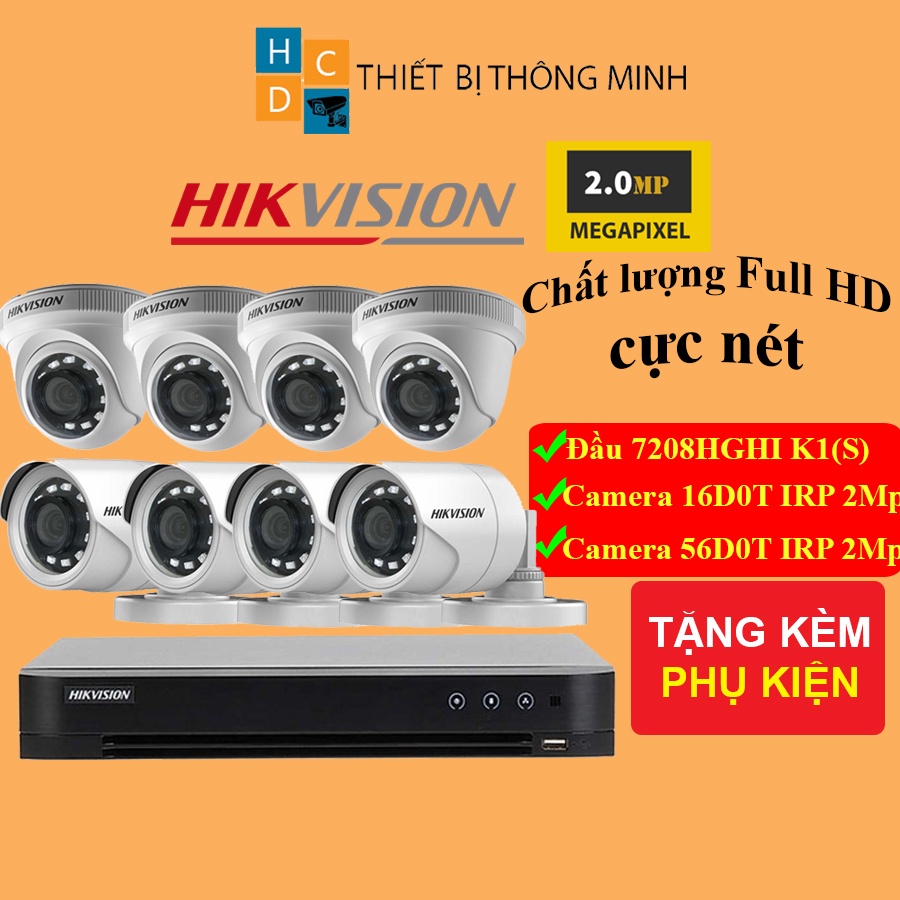 Bộ 8 camera giám sát Hikvision 2mp Full HD chính hãng tặng kèm đầy đủ