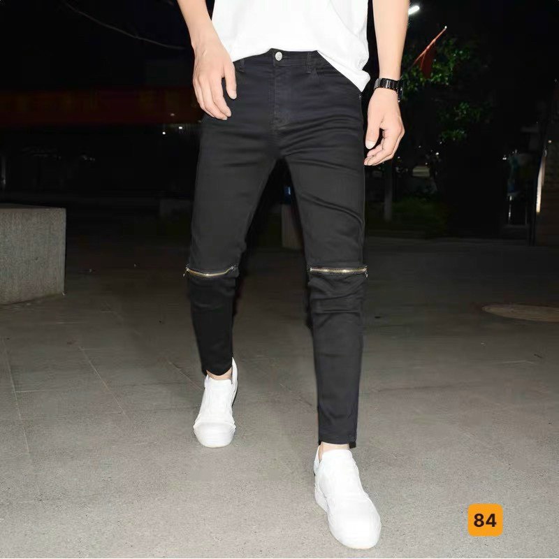 Quần jeans nam mẫu trơn màu đen kèm phụ kiện khóa kéo trước gối chất demin cao cấp co dãn nhẹ NHUNHI FASHION J84 | BigBuy360 - bigbuy360.vn