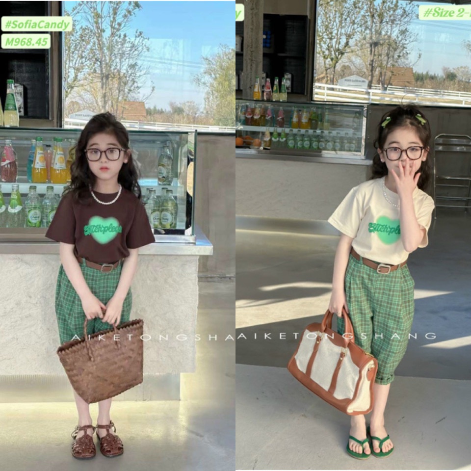 Set bộ Mia Kids vintage áo nâu/be phối quần kẻ BG size 2-12y (không kèm belt)