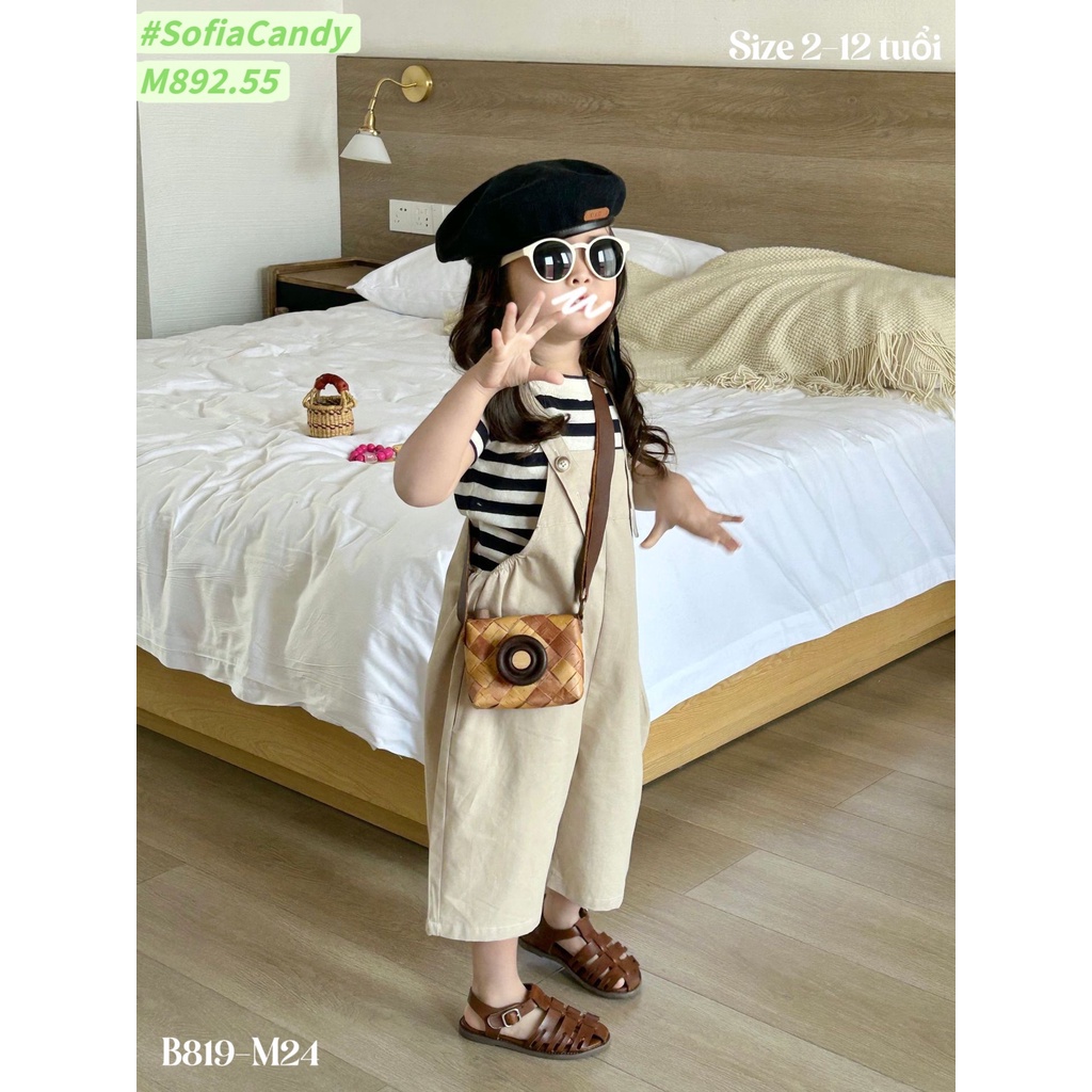 Set yếm Mia Kids vải thô màu be phối áo kẻ đen trắng size 2-12y