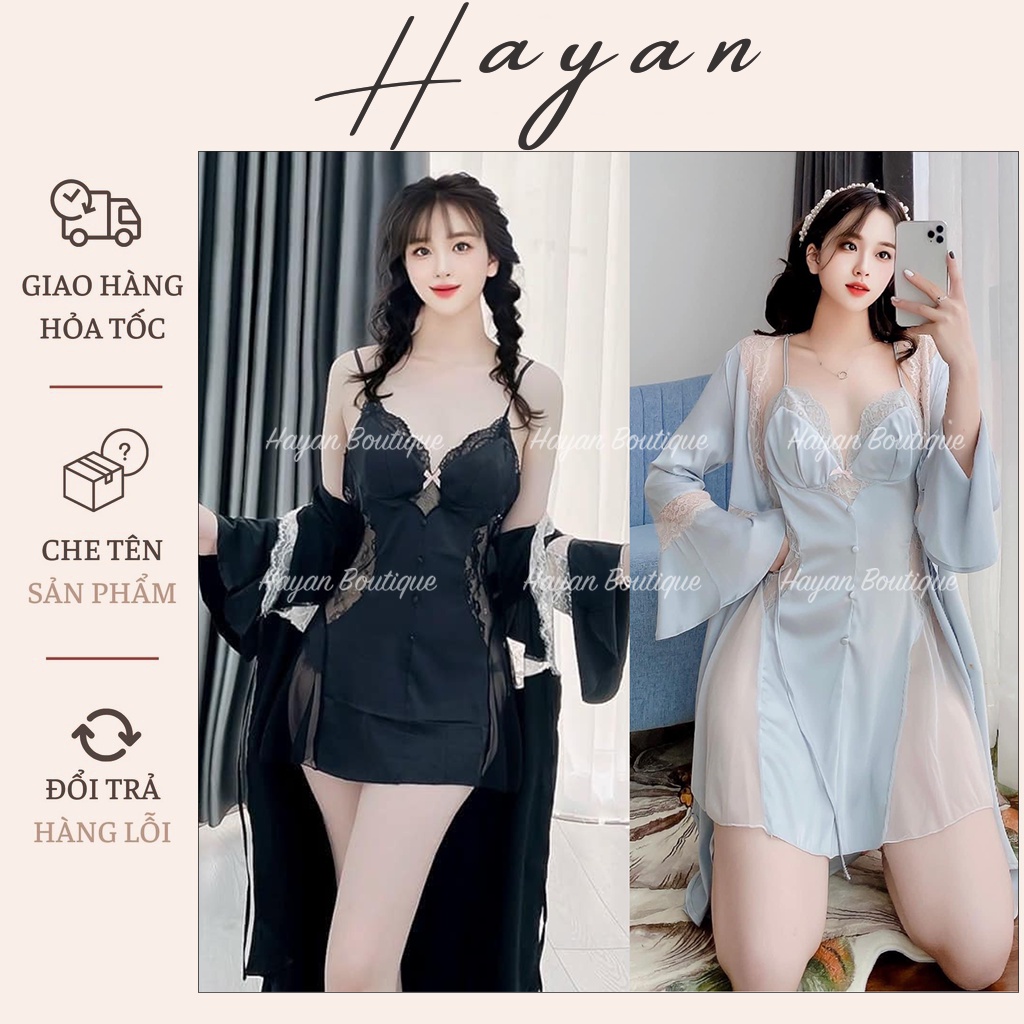 HT281 Set váy ngủ và áo choàng sexy ren hông xuyên thấu kèm ĐỆM MÚT, đồ ngủ lụa gợi cảm HT281 (214+246)