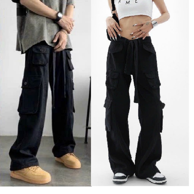 Quần kaki túi hộp Hiphop ống rộng xuông dài cargo pants trơn thời trang cho nữ/nam  -hình thật