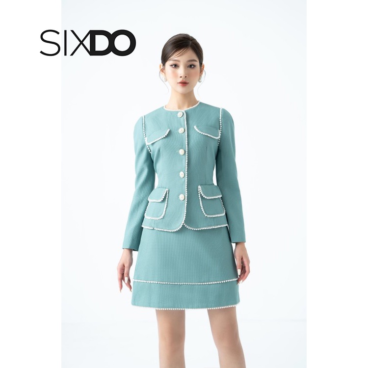 Chân váy thô xanh mint phối viền ren thời trang SIXDO