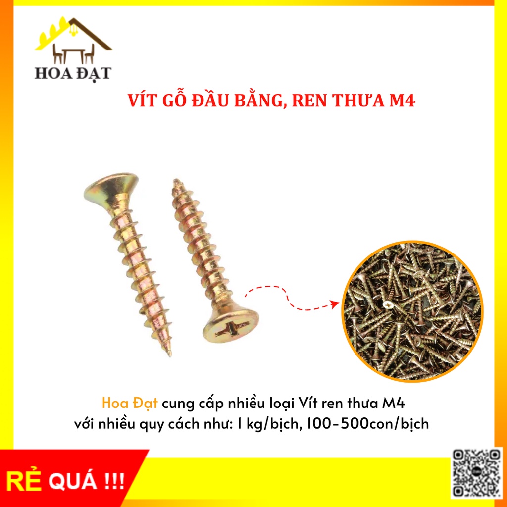 Vít gỗ đầu bằng ren thưa M4 bảy màu, nhiều kích thước - Bịch 1kg