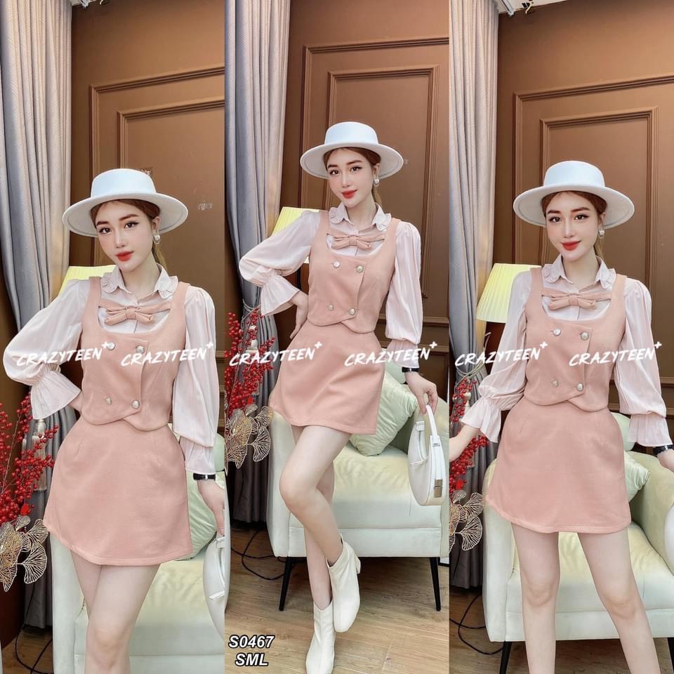Set Váy hồng 3 món thời trang trẻ dạo phố, công sở, dạ tiệc QA