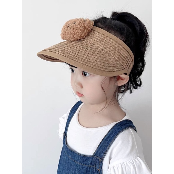 Mũ cói hở chóp trẻ em chống nắng vành rộng hoạ tiết gấu , phù hợp 1 - 6 tuổi