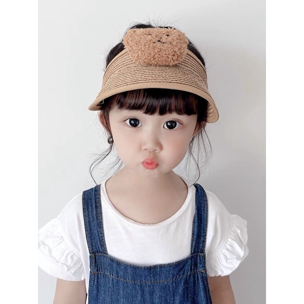 Mũ cói hở chóp trẻ em chống nắng vành rộng hoạ tiết gấu , phù hợp 1 - 6 tuổi