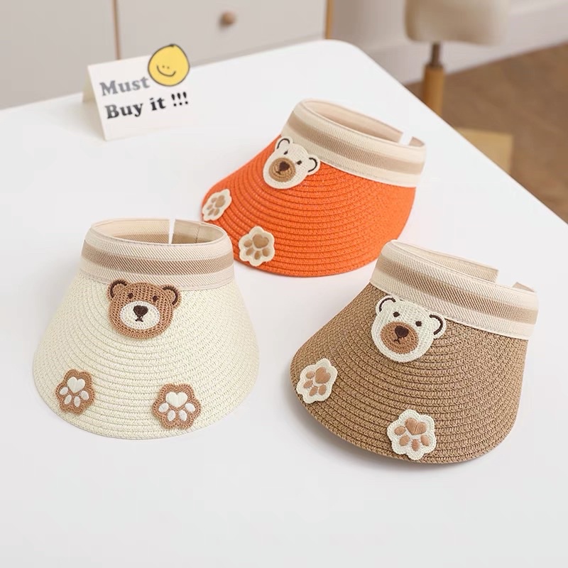 Mũ cói hở chóp trẻ em chống nắng vành rộng hoạ tiết gấu , phù hợp 1 - 6 tuổi