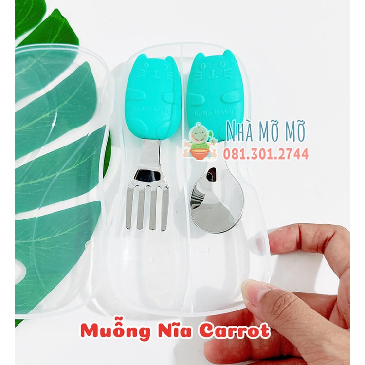 Muỗng Thìa Nĩa Cán Ngắn  hình mèo cà rốt tay gấu CHo Bé Tập Múc Ăn Dặm - Nhà Mỡ Mỡ