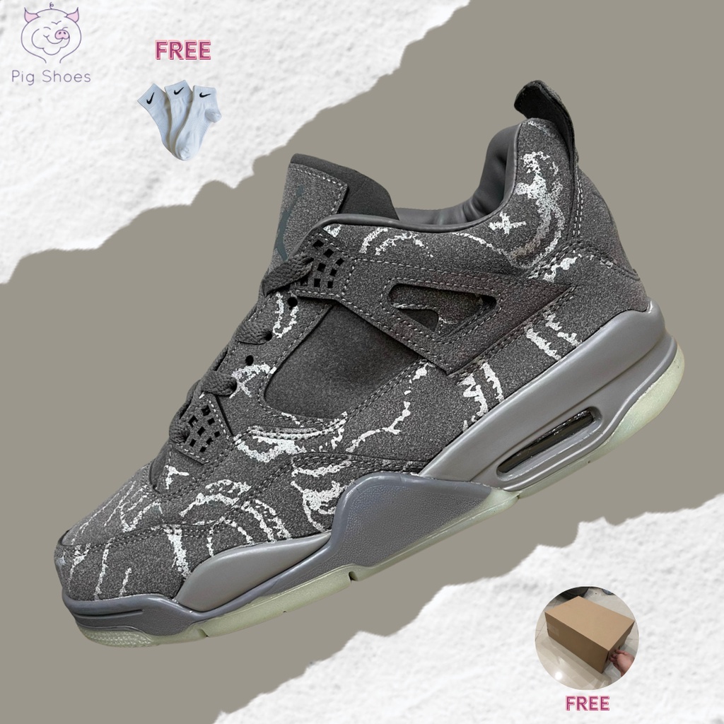 Giày Nike Air Jordan 4 Retro Kaws, JD4 Xám Rằn Ri; Đầy Đủ Box - Bill, Tặng Vớ Trắng