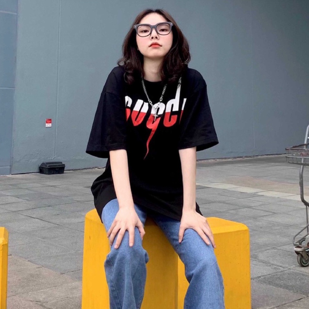 Áo thun GUCCI tia sét cotton unisex dáng rộng in thiết kế phong cách cool ngầu