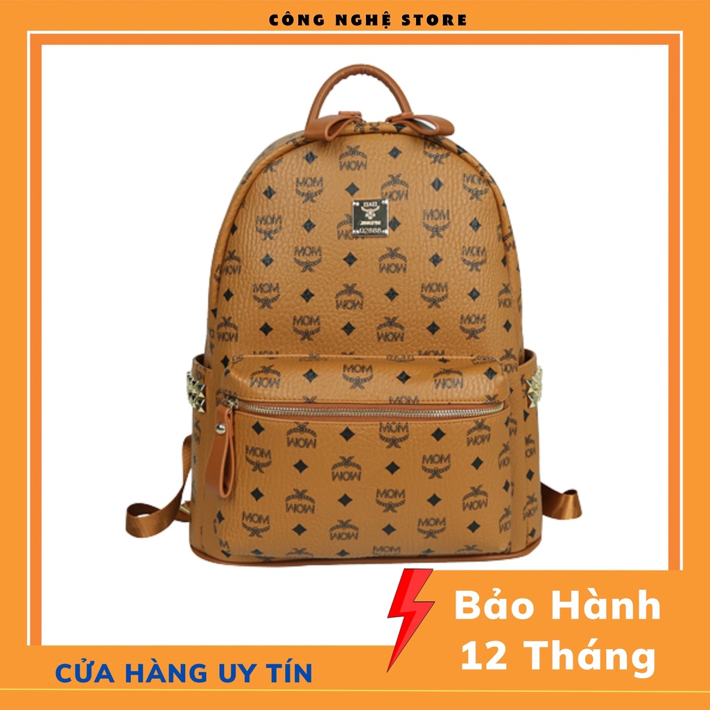 Balo Da Thời Trang nam nữ họa tiết M-O-M balo da màu nâu chống nước cao cấp kích thước 40cm