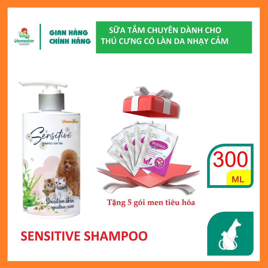 Vemedim Sensitive shampo sữa tắm dành cho chó mèo có làn da nhạy cảm, giảm rụng lông, chai 300ml (kèm quà tặng) t