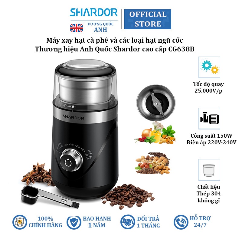 [BH 1 NĂM - HÀNG CHÍNH HÃNG] Máy xay hạt và phê và các loại hạt ngũ cốc Shardor CG638B, công suất 150W