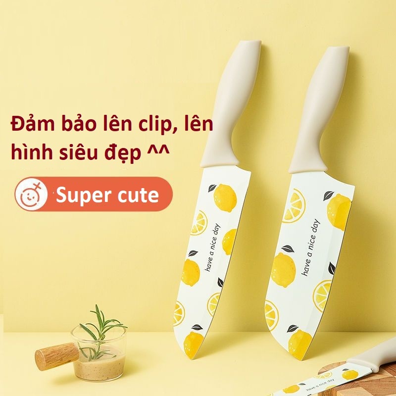 Dao Làm Bếp Màu Trắng Bằng Thép Sắc Bén, Không Gỉ Họa Tiết Lemon Xinh Xắn, Phù Hợp Clip Quảng Cáo, Dạy Nấu Ăn