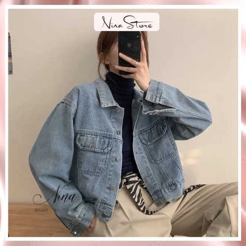 Áo khoác nữ jean denim jacket lửng vải bò dày dặn có túi màu wax hàng Quảng Châu cao cấp freesize dưới 62kg NinaStore