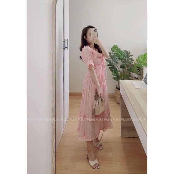 SET Áo xốp hồng baby tay phồng kèm Chân Váy midi viền bèo đi biển/du lịch NÀNG CLOSET