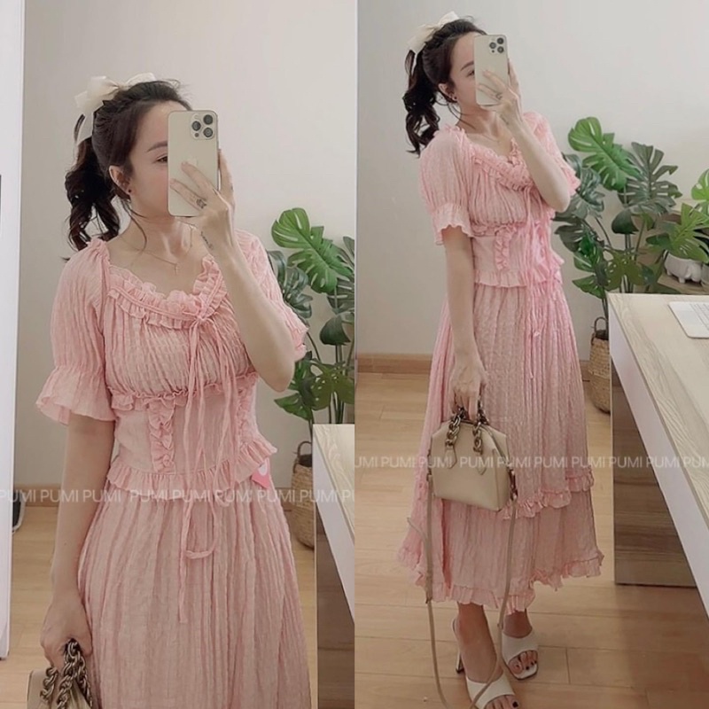 SET Áo xốp hồng baby tay phồng kèm Chân Váy midi viền bèo đi biển/du lịch NÀNG CLOSET