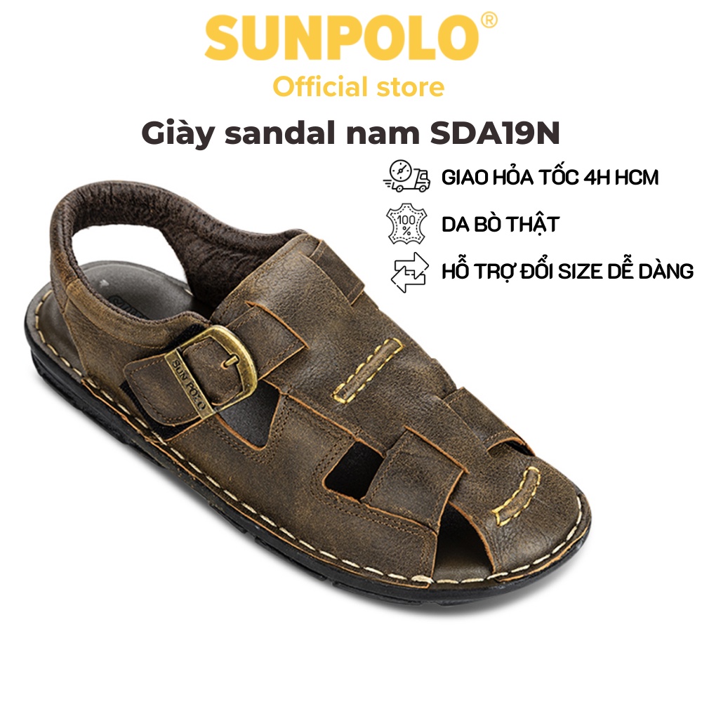 Sandals Nam Da Bò Cao Cấp SUNPOLO SDA19N Nâu - Có Big size 44 45