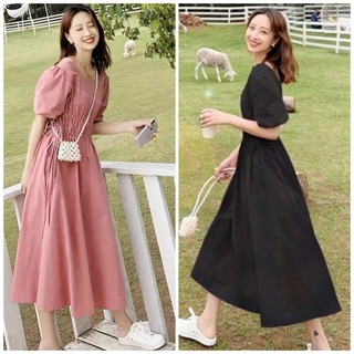 Đầm cổ vuông rút eo 2 màu
