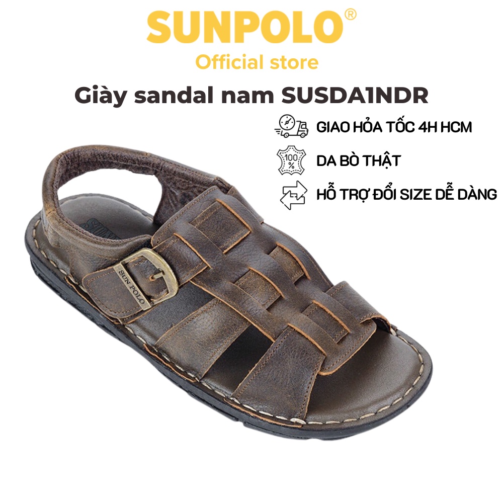 Sandal Nam Da Bò Cao Cấp SUNPOLO Nâu Đen SUSDA1ND - Có Big size 44 45