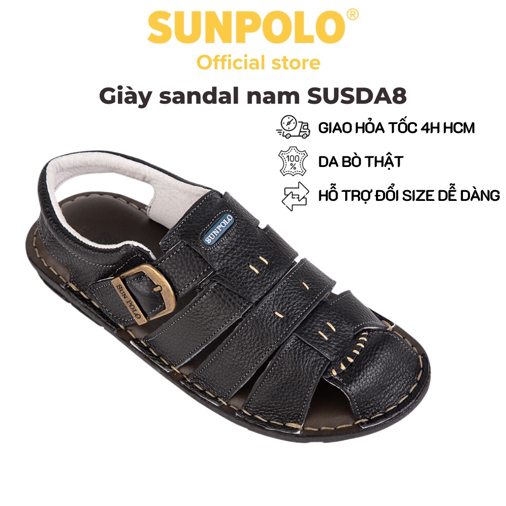 Sandals Nam Da Bò Cao Cấp SUNPOLO Đen - SUSDA8 - Có Big size 44 45