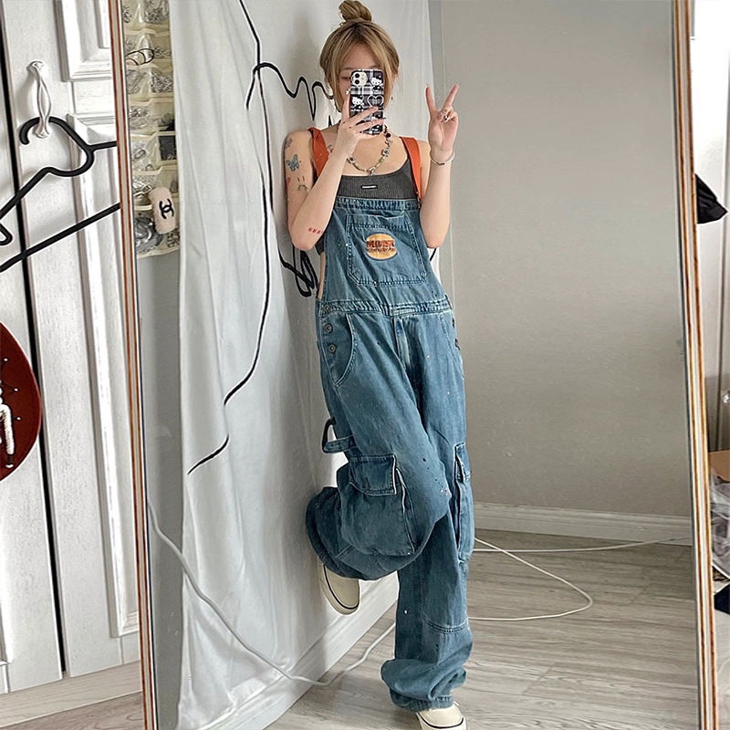 * Qu * Qu n Y m Quần Yếm Denim Dáng Rộng Cỡ Lớn Thêu Họa Tiết Thời Trang Thu Đông Cho Nữ