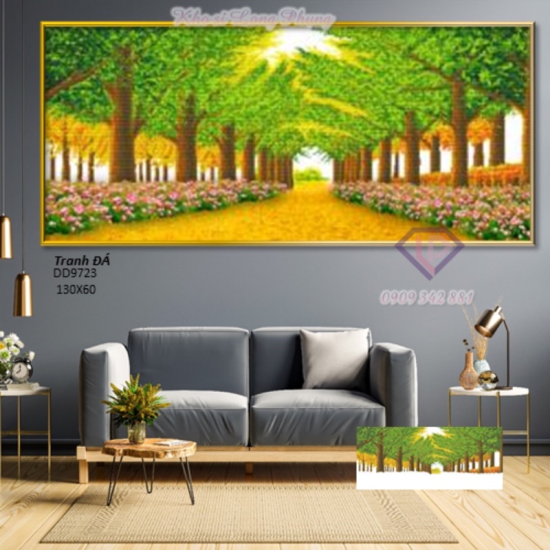 Tranh đính đá phong cảnh rừng cây lá xanh D9723-1m3x60 ( chưa đính)
