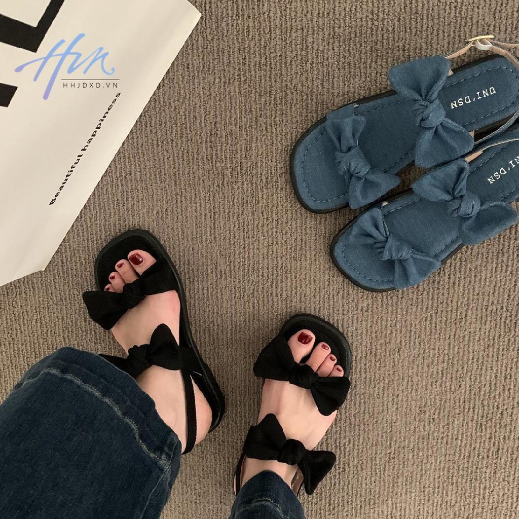 Giày Sandal Đế Bằng Hở Ngón Đính Nơ Thời Trang Mùa Hè Hàn Quốc 2023